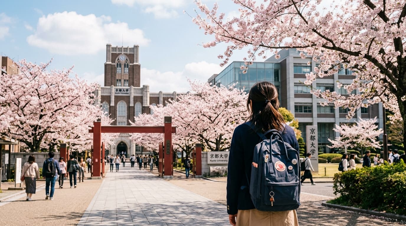 Student viewing cherry blossom Japanese university campus