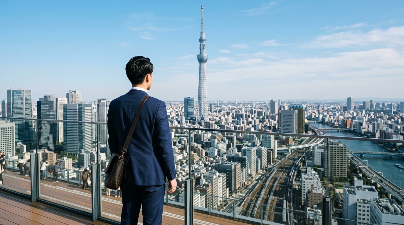 Young professional in business suit looking at Tokyo Skytree skyline