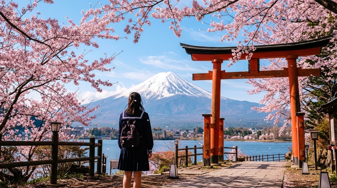 Student viewing Mount Fuji and traditional Torii gate with sakura